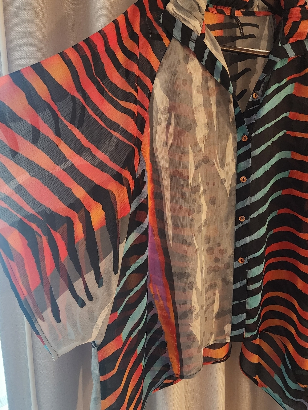 Sheer Button-Front Tunic Top in Blue & Orange Stripe - Picture 5 of 8